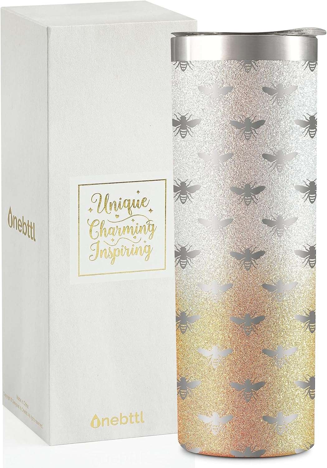 Onebttl Unique Bee Gifts for Women, Girls - Bee Themed Gifts - Bee Cup for Her on Birthday, Holidays - 20 oz SS304 Stainless Steel Tumbler with Lid and Straw - Bee Pattern - 1