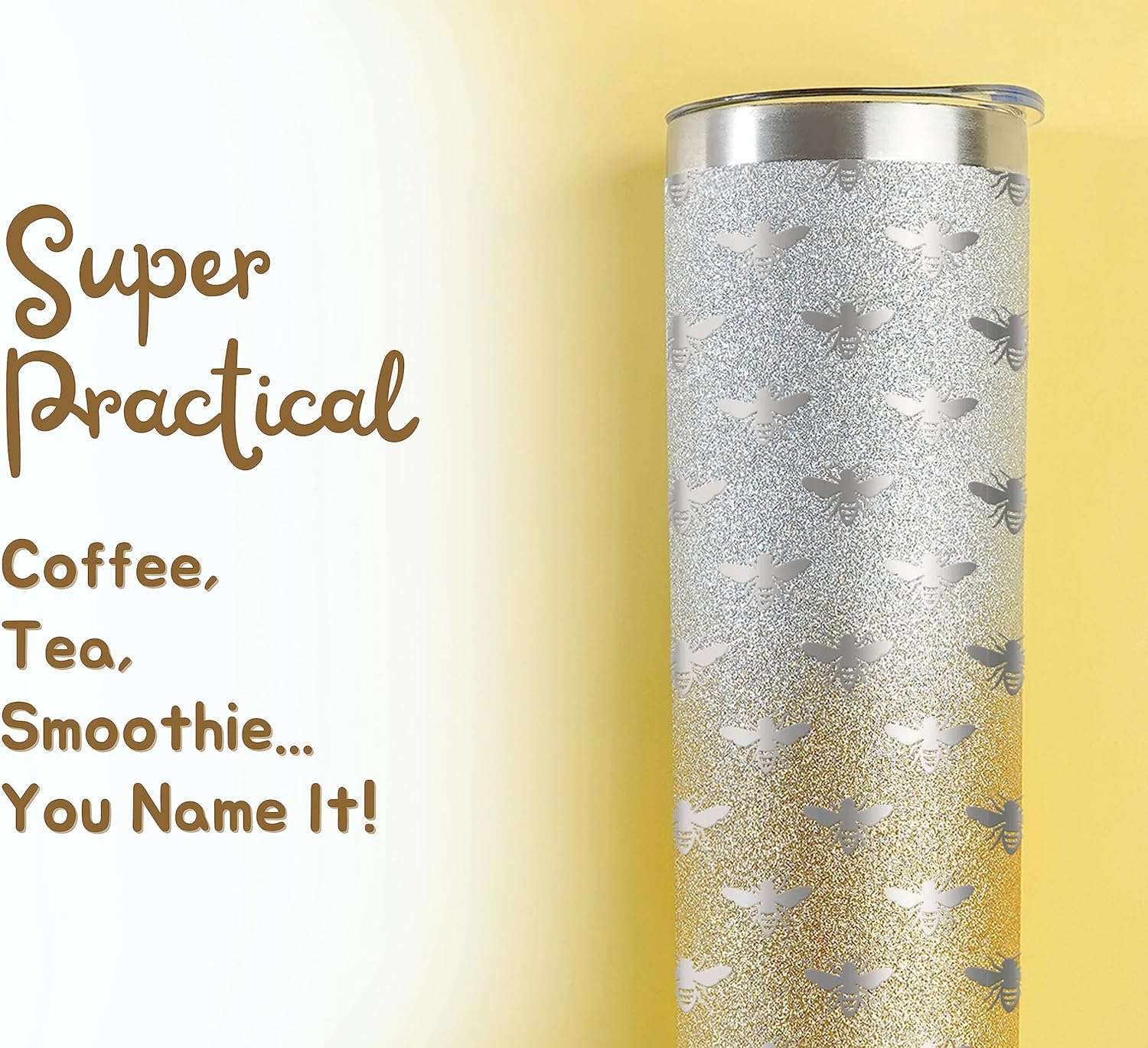 Onebttl Unique Bee Gifts for Women, Girls - Bee Themed Gifts - Bee Cup for Her on Birthday, Holidays - 20 oz SS304 Stainless Steel Tumbler with Lid and Straw - Bee Pattern - 4