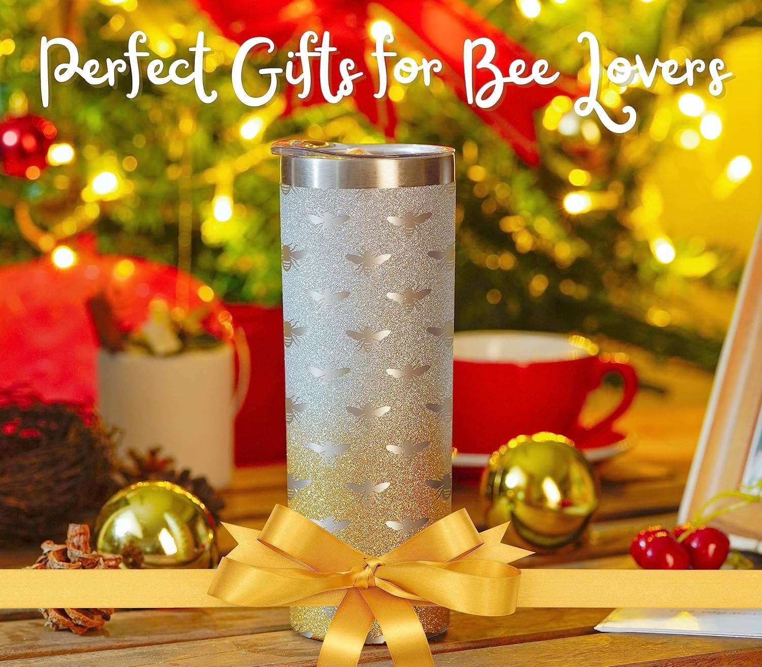 Onebttl Unique Bee Gifts for Women, Girls - Bee Themed Gifts - Bee Cup for Her on Birthday, Holidays - 20 oz SS304 Stainless Steel Tumbler with Lid and Straw - Bee Pattern - 6
