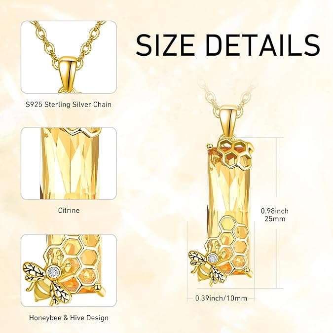 AENEAS Bee Necklace for Women Sterling Silver Honeycomb Pendant Necklace Citrine Necklace Crystal Jewelry Bumble Gifts for Her Wife Mom - 2