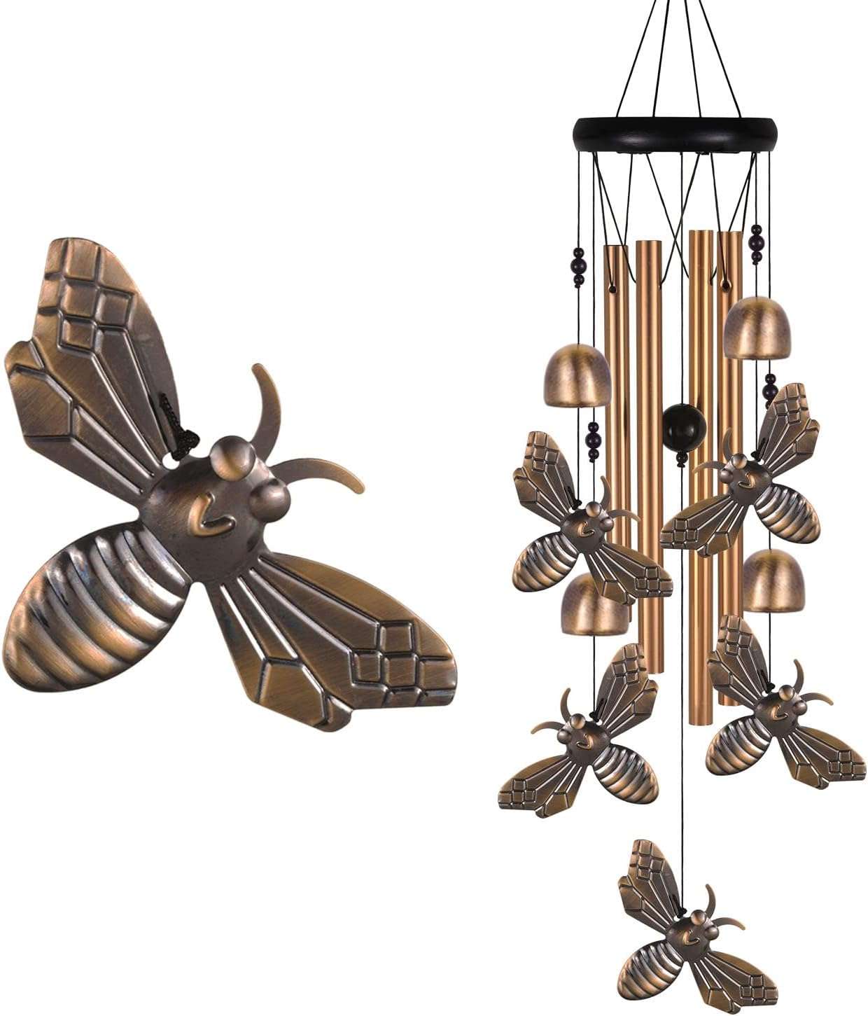 Bronze Bee Wind Chime, Gifts for Mom, Home, Garden, Balconies, Room, Patio, Indoor, Outdoor Bee Decoration, Bee Chimes, with 4 Aluminum Tubes 5 Bees Wind Chimes, Bee Wind Catcher, Bee Wind Bells Decor - 1