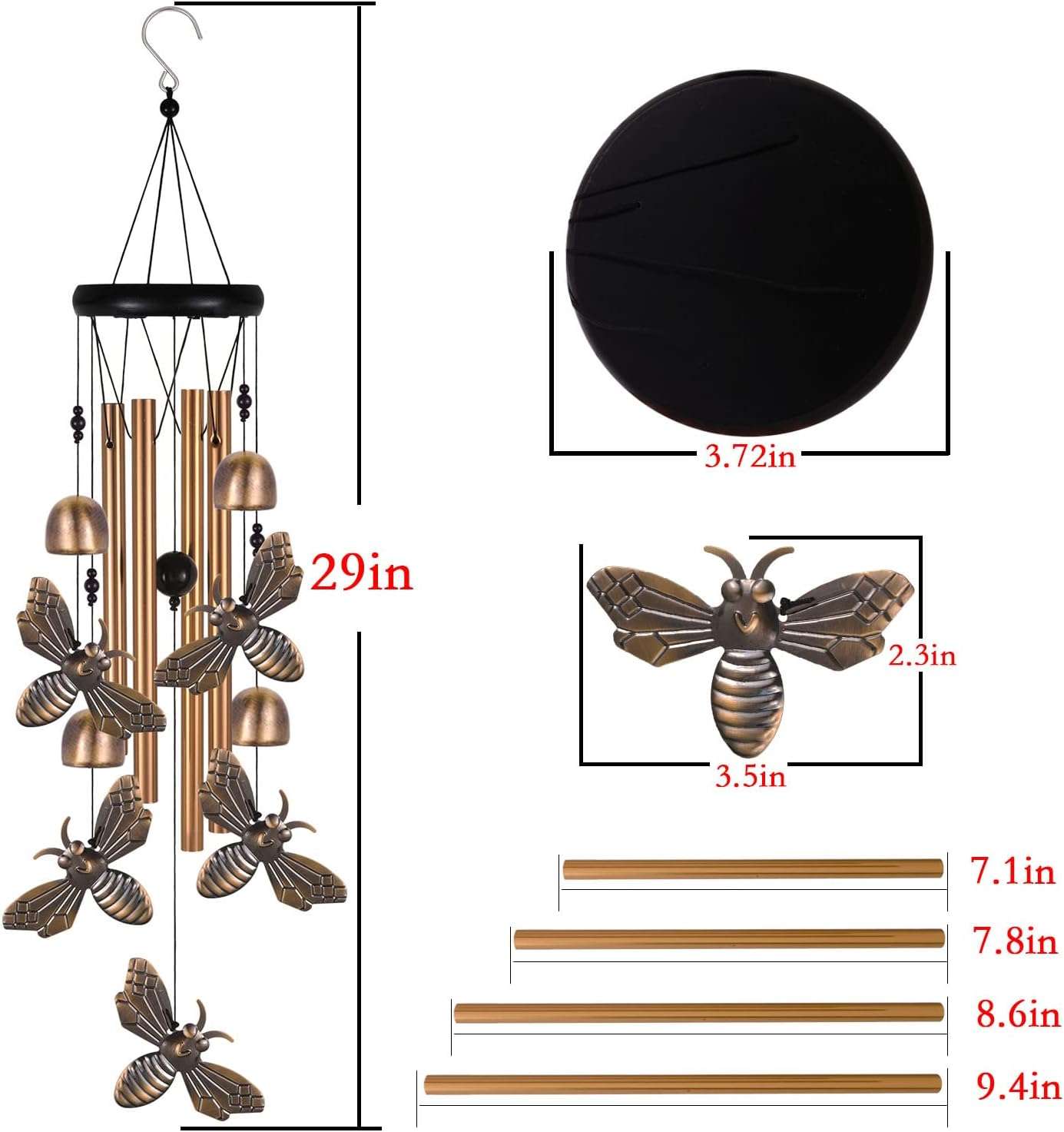 Bronze Bee Wind Chime, Gifts for Mom, Home, Garden, Balconies, Room, Patio, Indoor, Outdoor Bee Decoration, Bee Chimes, with 4 Aluminum Tubes 5 Bees Wind Chimes, Bee Wind Catcher, Bee Wind Bells Decor - 4