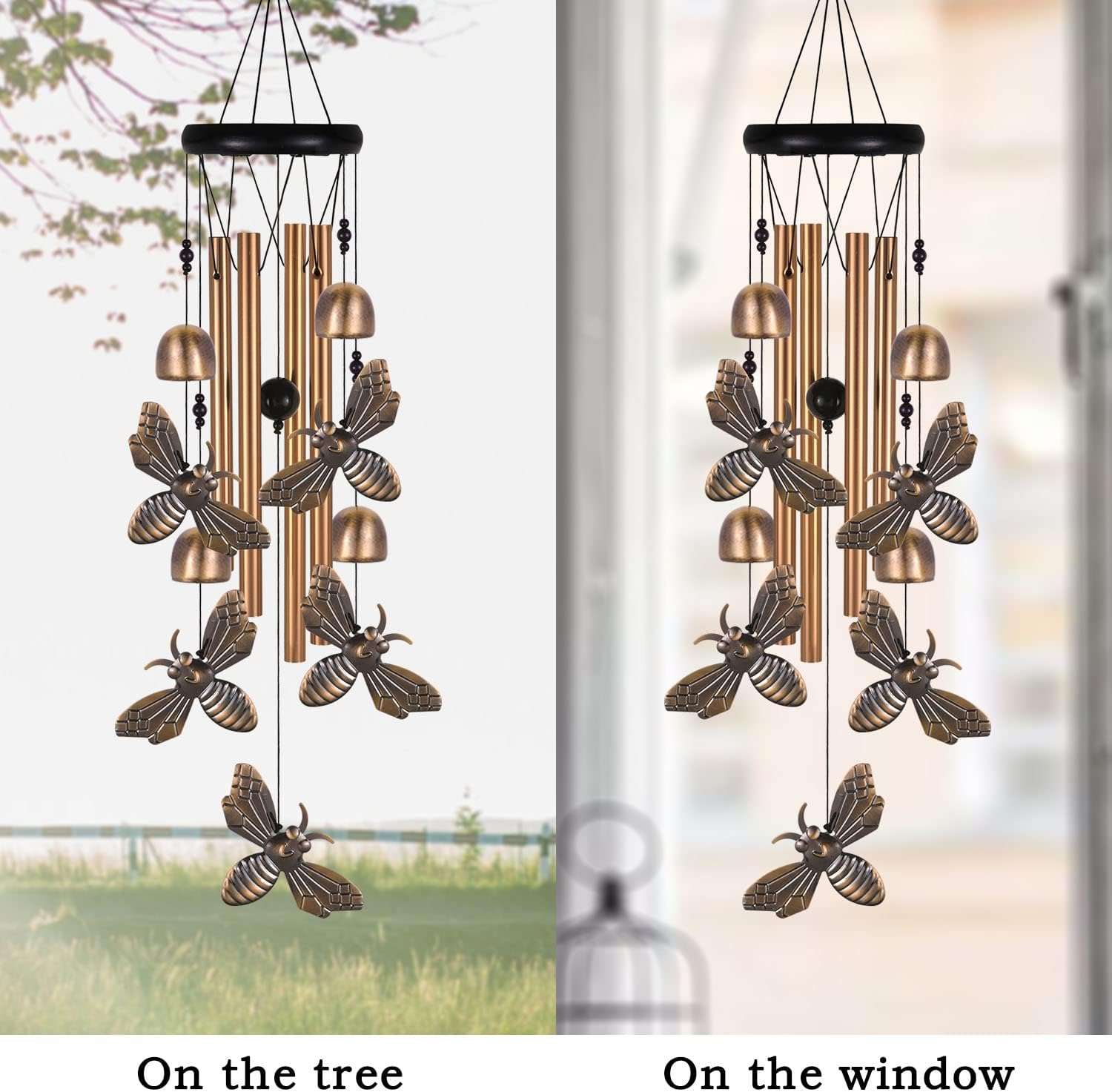 Bronze Bee Wind Chime, Gifts for Mom, Home, Garden, Balconies, Room, Patio, Indoor, Outdoor Bee Decoration, Bee Chimes, with 4 Aluminum Tubes 5 Bees Wind Chimes, Bee Wind Catcher, Bee Wind Bells Decor - 5
