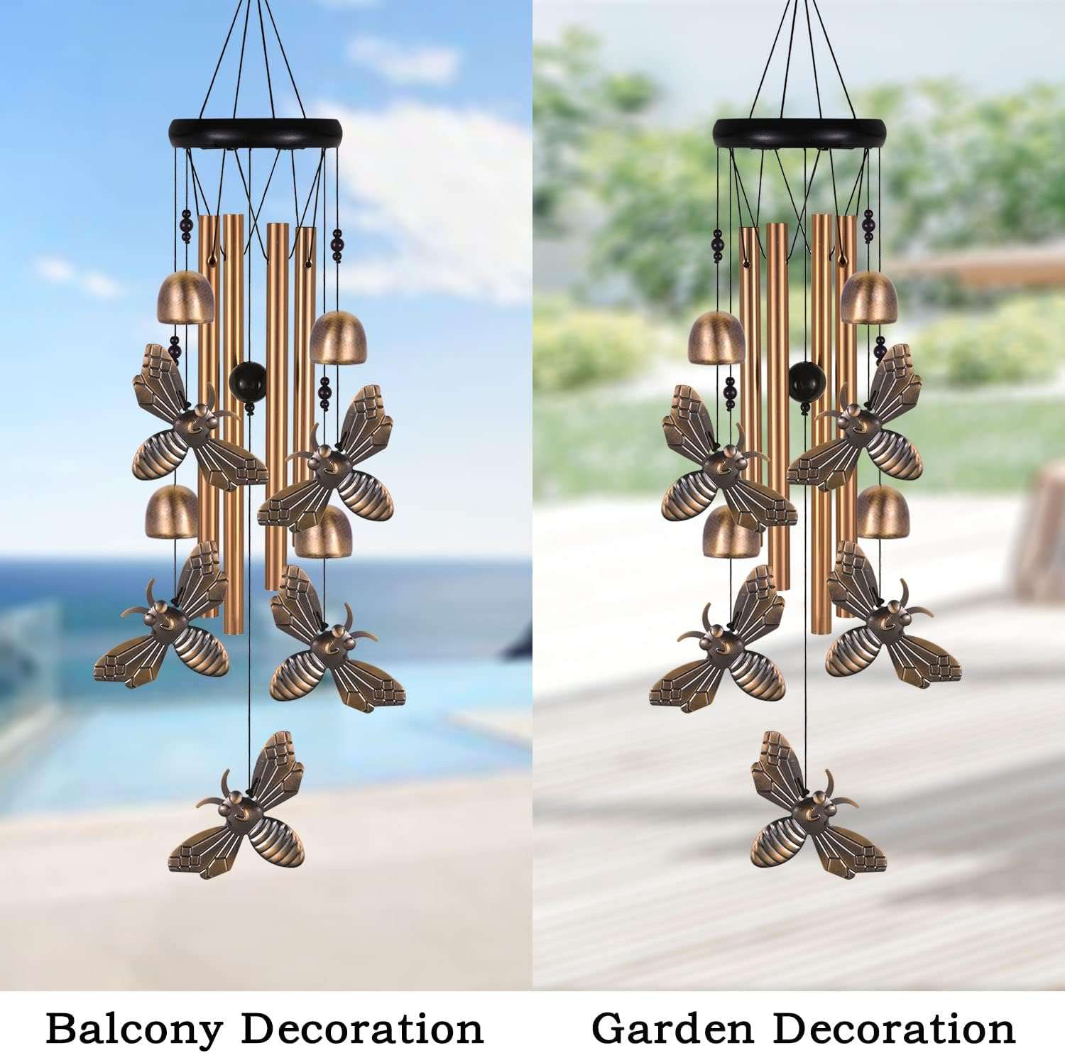 Bronze Bee Wind Chime, Gifts for Mom, Home, Garden, Balconies, Room, Patio, Indoor, Outdoor Bee Decoration, Bee Chimes, with 4 Aluminum Tubes 5 Bees Wind Chimes, Bee Wind Catcher, Bee Wind Bells Decor - 6