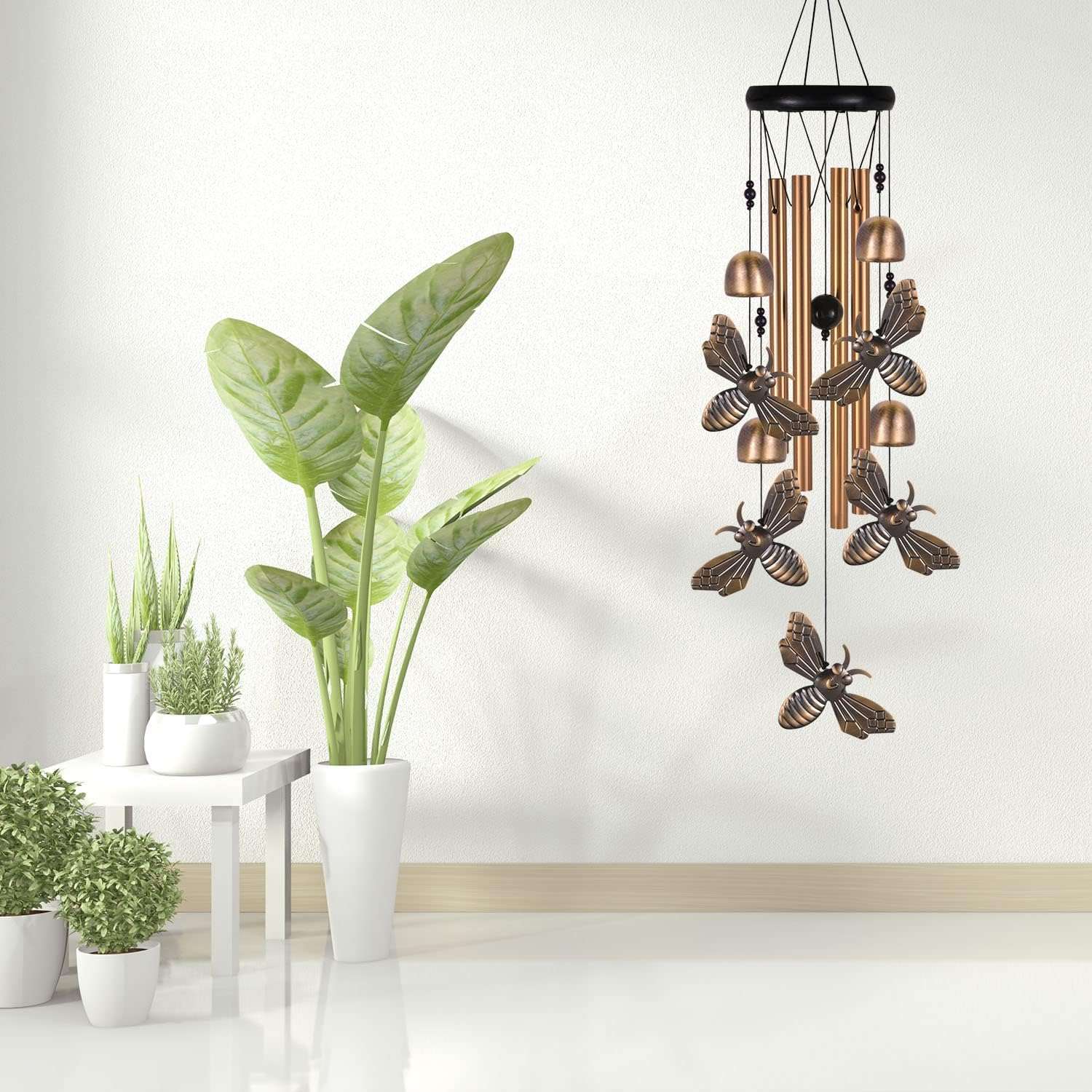 Bronze Bee Wind Chime, Gifts for Mom, Home, Garden, Balconies, Room, Patio, Indoor, Outdoor Bee Decoration, Bee Chimes, with 4 Aluminum Tubes 5 Bees Wind Chimes, Bee Wind Catcher, Bee Wind Bells Decor - 8