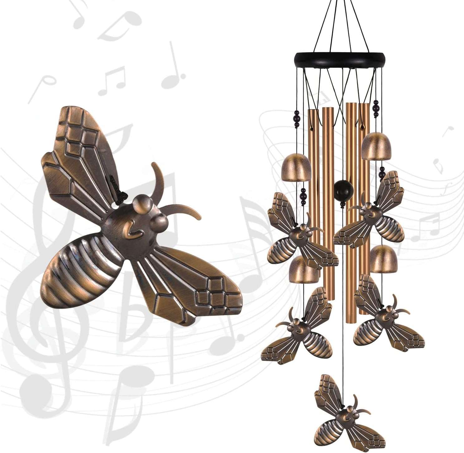 Bronze Bee Wind Chime, Gifts for Mom, Home, Garden, Balconies, Room, Patio, Indoor, Outdoor Bee Decoration, Bee Chimes, with 4 Aluminum Tubes 5 Bees Wind Chimes, Bee Wind Catcher, Bee Wind Bells Decor - 9