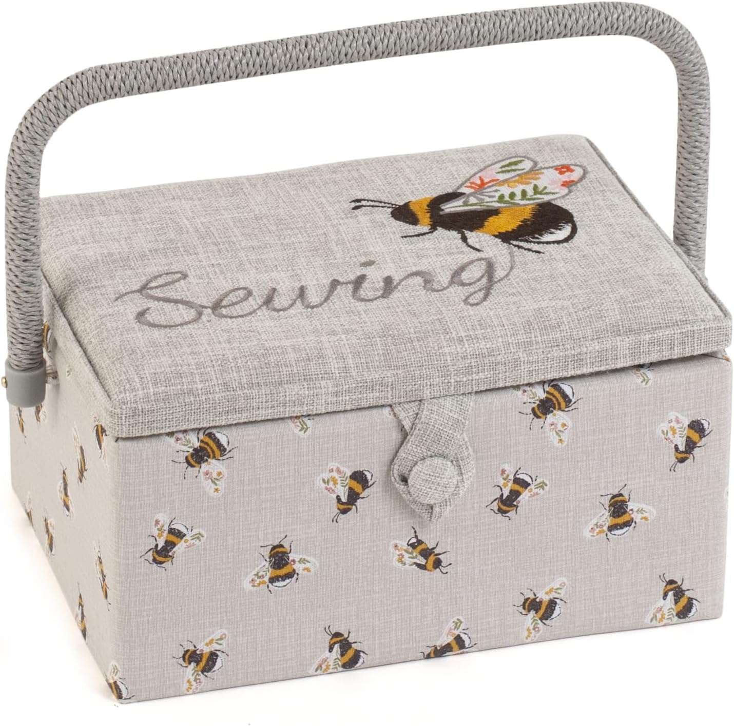Hobby Gift Exclusive Medium Sewing Craft Hobby Storage Box, Accessories Tray Pin Cushion Pocket PVC Handle Embroidered Lid 18.5 x 25.5 x 14.5cm, Embroidered Sewing Bee - 1