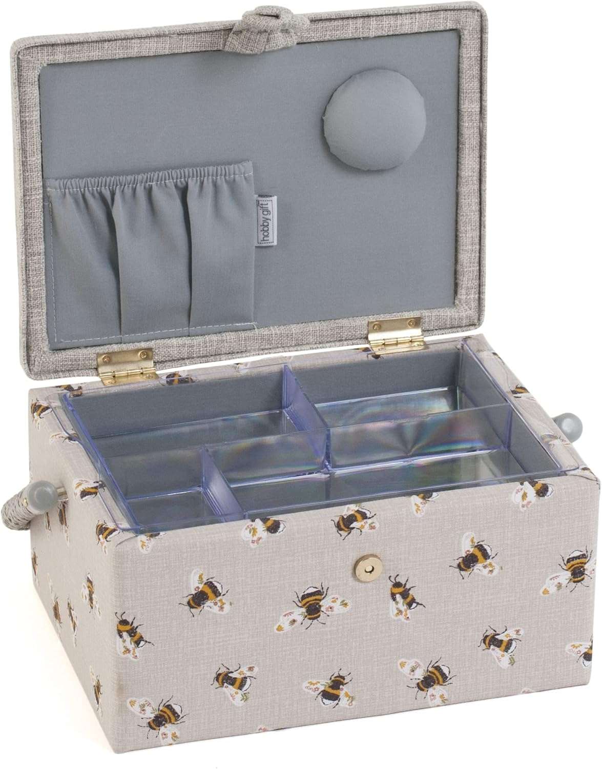 Hobby Gift Exclusive Medium Sewing Craft Hobby Storage Box, Accessories Tray Pin Cushion Pocket PVC Handle Embroidered Lid 18.5 x 25.5 x 14.5cm, Embroidered Sewing Bee - 3
