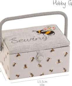 Hobby Gift Exclusive Medium Sewing Craft Hobby Storage Box, Accessories Tray Pin Cushion Pocket PVC Handle Embroidered Lid 18.5 x 25.5 x 14.5cm, Embroidered Sewing Bee - 5