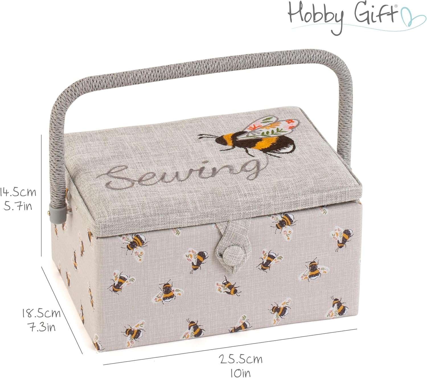 Hobby Gift Exclusive Medium Sewing Craft Hobby Storage Box, Accessories Tray Pin Cushion Pocket PVC Handle Embroidered Lid 18.5 x 25.5 x 14.5cm, Embroidered Sewing Bee - 5