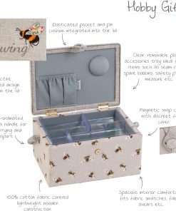 Hobby Gift Exclusive Medium Sewing Craft Hobby Storage Box, Accessories Tray Pin Cushion Pocket PVC Handle Embroidered Lid 18.5 x 25.5 x 14.5cm, Embroidered Sewing Bee - 6
