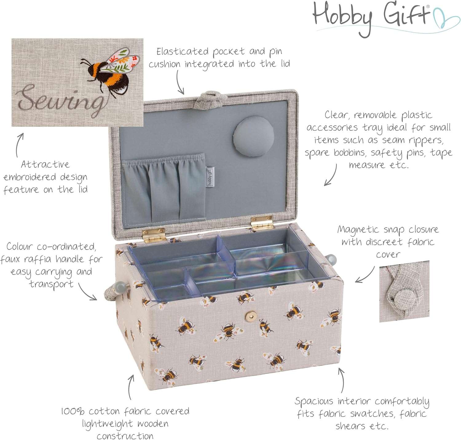 Hobby Gift Exclusive Medium Sewing Craft Hobby Storage Box, Accessories Tray Pin Cushion Pocket PVC Handle Embroidered Lid 18.5 x 25.5 x 14.5cm, Embroidered Sewing Bee - 6