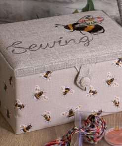 Hobby Gift Exclusive Medium Sewing Craft Hobby Storage Box, Accessories Tray Pin Cushion Pocket PVC Handle Embroidered Lid 18.5 x 25.5 x 14.5cm, Embroidered Sewing Bee - 8