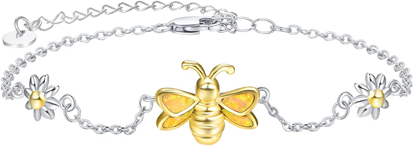 Palpitate Bee Bracelet Sterling Silver Bee Gifts Yellow Created Opal Bracelet Daisy Jewelry for Women Adjustable Chain - 1