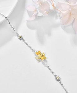 Palpitate Bee Bracelet Sterling Silver Bee Gifts Yellow Created Opal Bracelet Daisy Jewelry for Women Adjustable Chain - 2