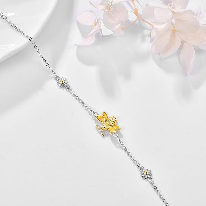 Palpitate Bee Bracelet Sterling Silver Bee Gifts Yellow Created Opal Bracelet Daisy Jewelry for Women Adjustable Chain - 2