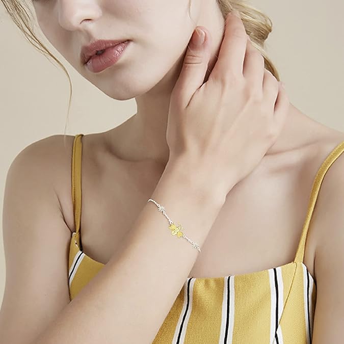 Palpitate Bee Bracelet Sterling Silver Bee Gifts Yellow Created Opal Bracelet Daisy Jewelry for Women Adjustable Chain - 3