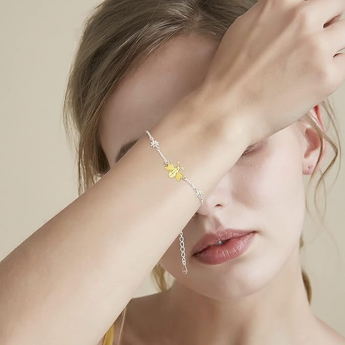 Palpitate Bee Bracelet Sterling Silver Bee Gifts Yellow Created Opal Bracelet Daisy Jewelry for Women Adjustable Chain - 4