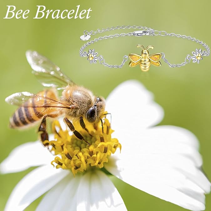 Palpitate Bee Bracelet Sterling Silver Bee Gifts Yellow Created Opal Bracelet Daisy Jewelry for Women Adjustable Chain - 5