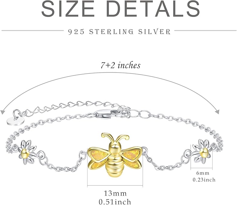 Palpitate Bee Bracelet Sterling Silver Bee Gifts Yellow Created Opal Bracelet Daisy Jewelry for Women Adjustable Chain - 6
