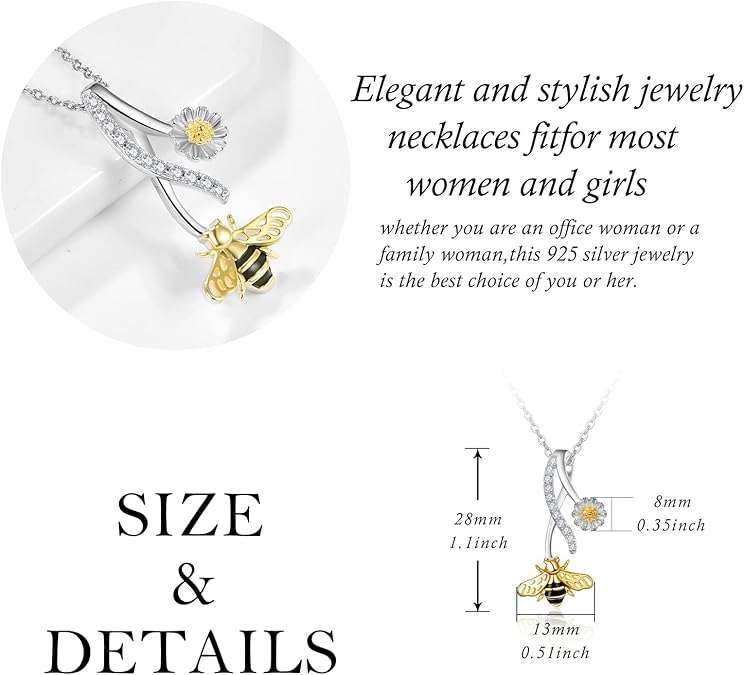 Palpitate Bee Necklace Bee Gifts Honey Bumble Necklace Bee Necklace for Women 925 Sterling Silver Bee Jewelry Gifts for Mother Grandma Mother's Day Gifts for Mom - 3