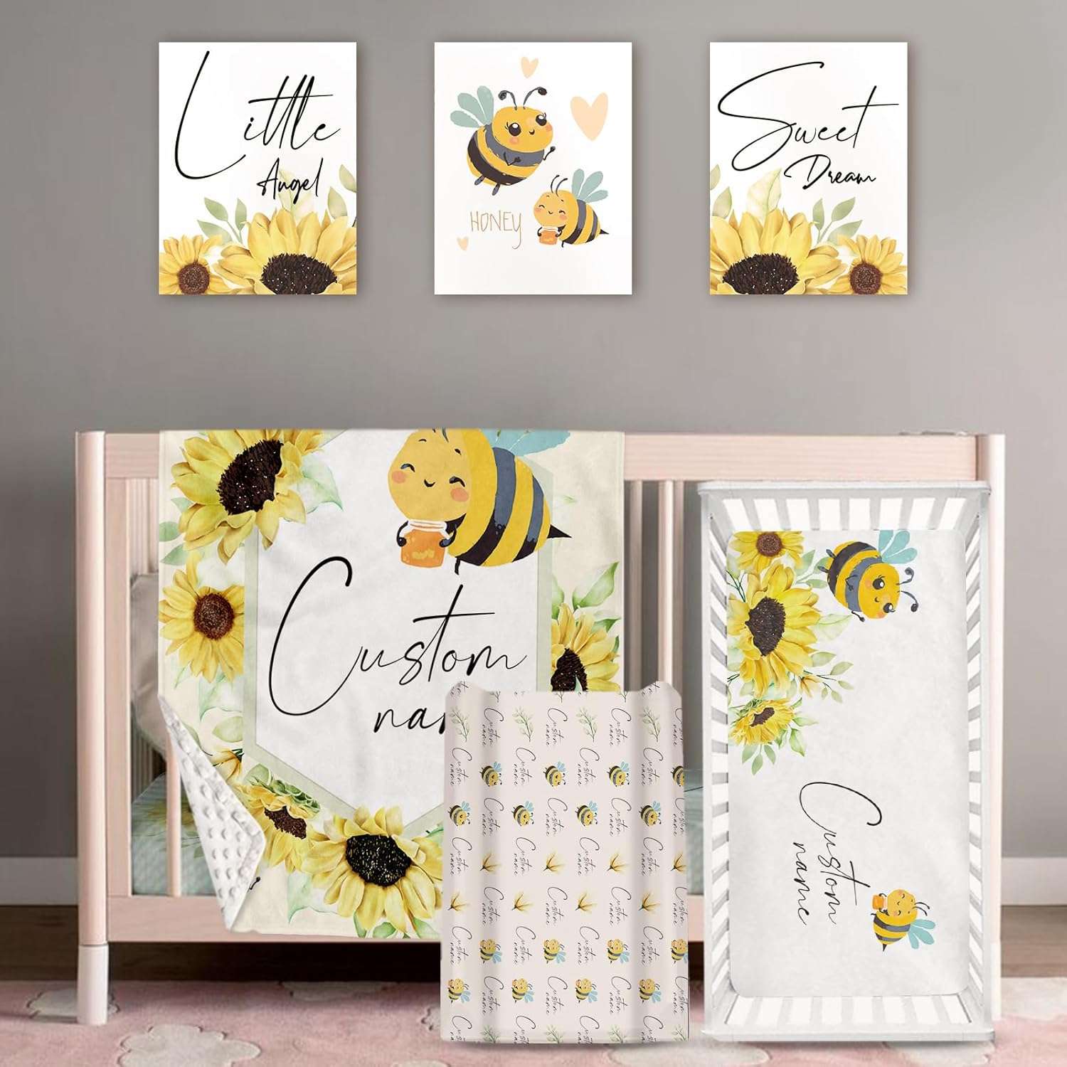 Personalized Baby Crib Bedding Set- 4 Piece Custom Gift Crib Bed Set with Name - Yellow Bee Design, Nursery Bedding Set for Baby Girls,Newborn Girls Crib Sets, Crib Bedding Shower Gifts - 1