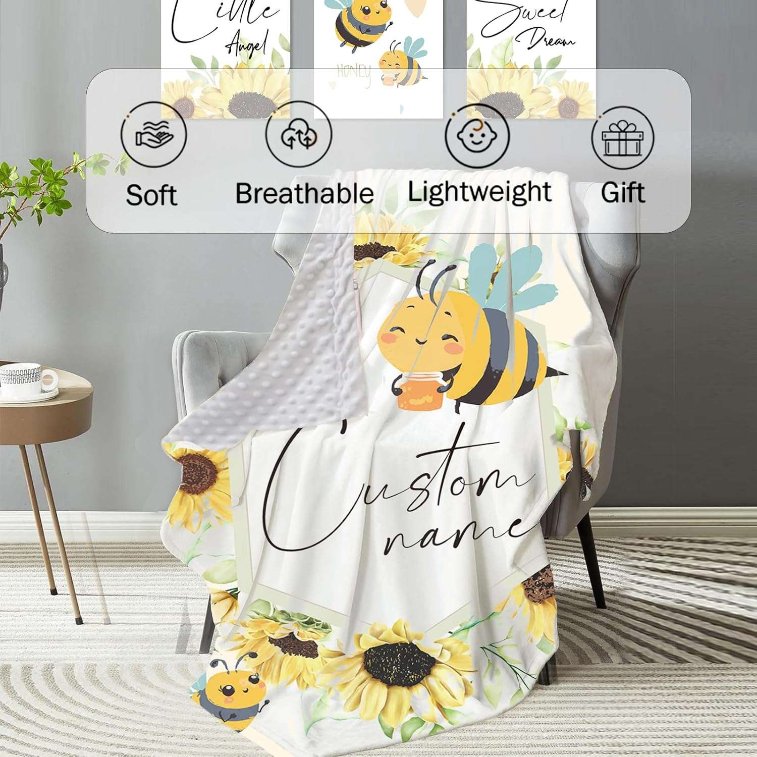 Personalized Baby Crib Bedding Set- 4 Piece Custom Gift Crib Bed Set with Name - Yellow Bee Design, Nursery Bedding Set for Baby Girls,Newborn Girls Crib Sets, Crib Bedding Shower Gifts - 2