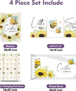 Personalized Baby Crib Bedding Set- 4 Piece Custom Gift Crib Bed Set with Name - Yellow Bee Design, Nursery Bedding Set for Baby Girls,Newborn Girls Crib Sets, Crib Bedding Shower Gifts - 3