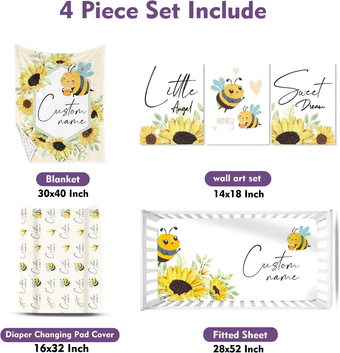 Personalized Baby Crib Bedding Set- 4 Piece Custom Gift Crib Bed Set with Name - Yellow Bee Design, Nursery Bedding Set for Baby Girls,Newborn Girls Crib Sets, Crib Bedding Shower Gifts - 3
