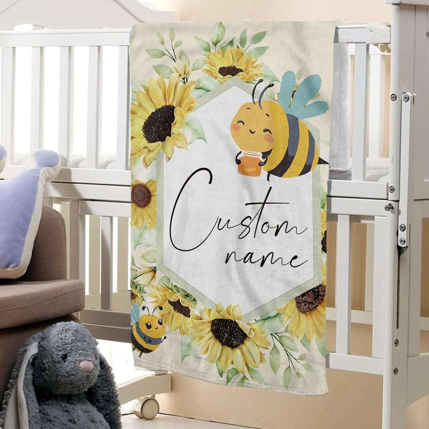 Personalized Baby Crib Bedding Set- 4 Piece Custom Gift Crib Bed Set with Name - Yellow Bee Design, Nursery Bedding Set for Baby Girls,Newborn Girls Crib Sets, Crib Bedding Shower Gifts - 7