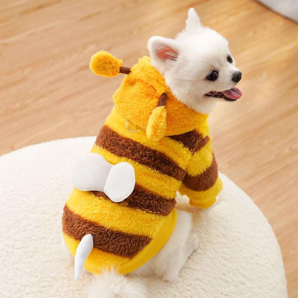 ANIAC Fleece Dog Hoodies with D-Ring Autumn Winter Puppy Clothes for Small Dog Bumblebee Cat Apparel Cold Weather Coat Funny Bee Costume for Christmas Halloween - 2