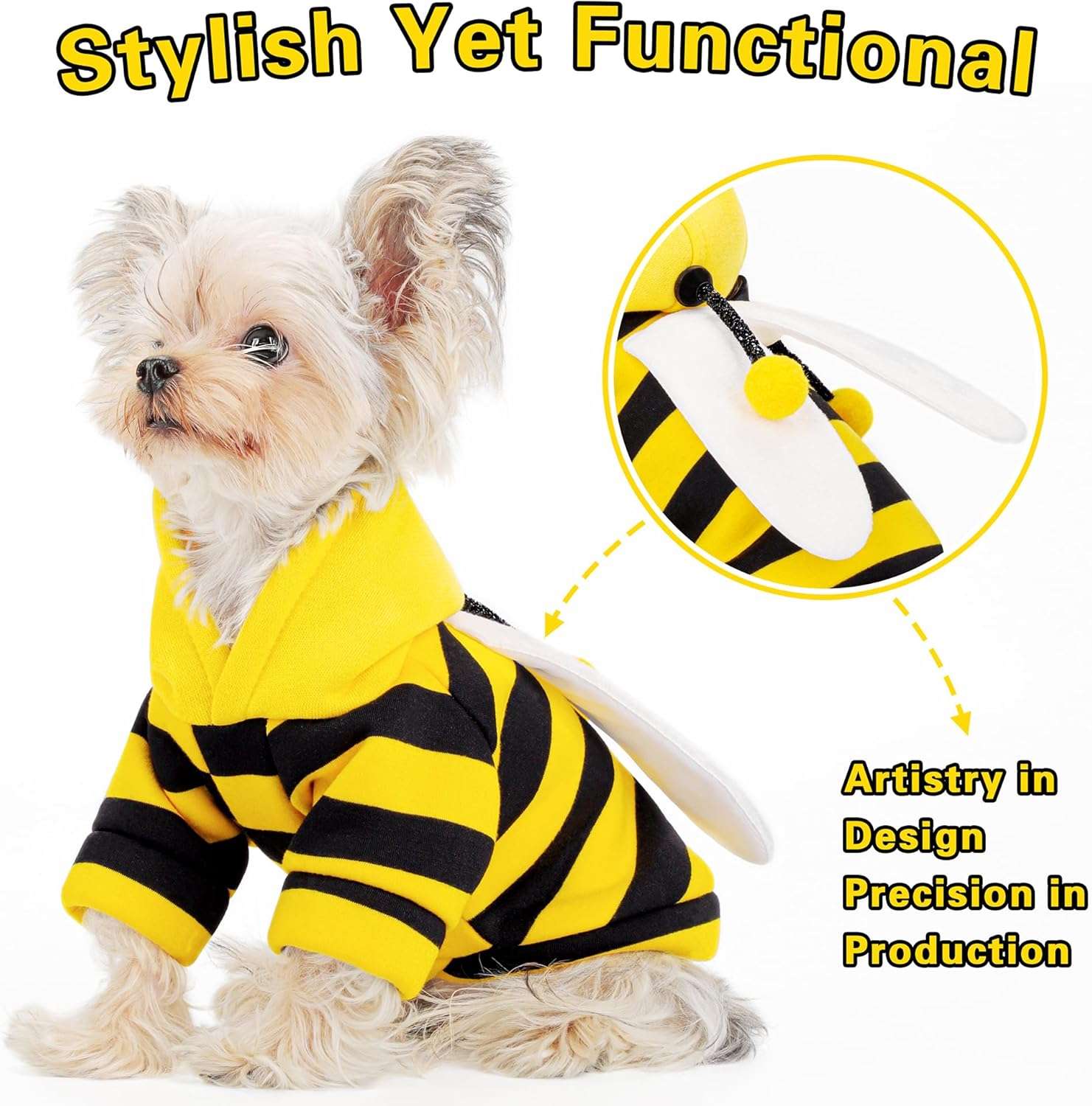 Adorable Bumblebee Halloween Costume Hoodie for Medium Dogs- Featuring Fun Wings and a Cozy Black and Yellow Sweatshirt Design, Perfect for Cosplay - 5