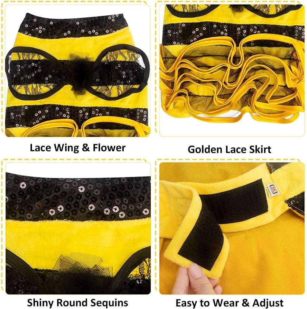 Bee Dog Costume - Bumblebee Dress for Small & Medium Dogs & Cats - Funny Halloween Outfit with Cap - 3