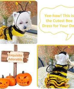 Bee Dog Costume - Bumblebee Dress for Small & Medium Dogs & Cats - Funny Halloween Outfit with Cap - 4