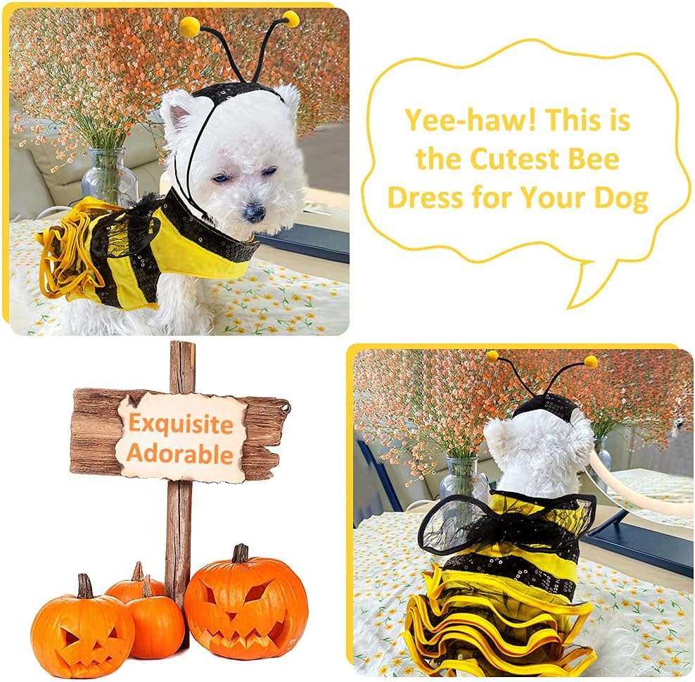 Bee Dog Costume - Bumblebee Dress for Small & Medium Dogs & Cats - Funny Halloween Outfit with Cap - 4