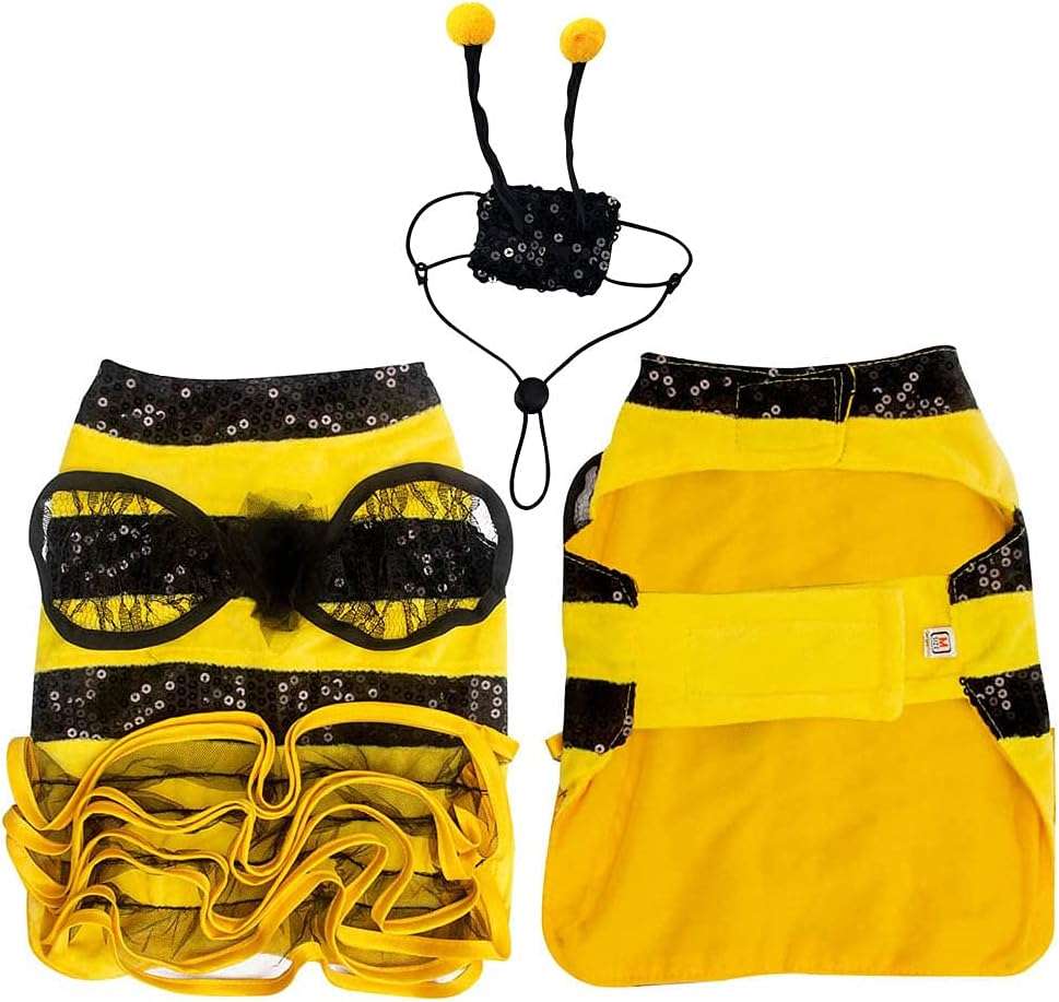 Bee Dog Costume - Bumblebee Dress for Small & Medium Dogs & Cats - Funny Halloween Outfit with Cap - 5