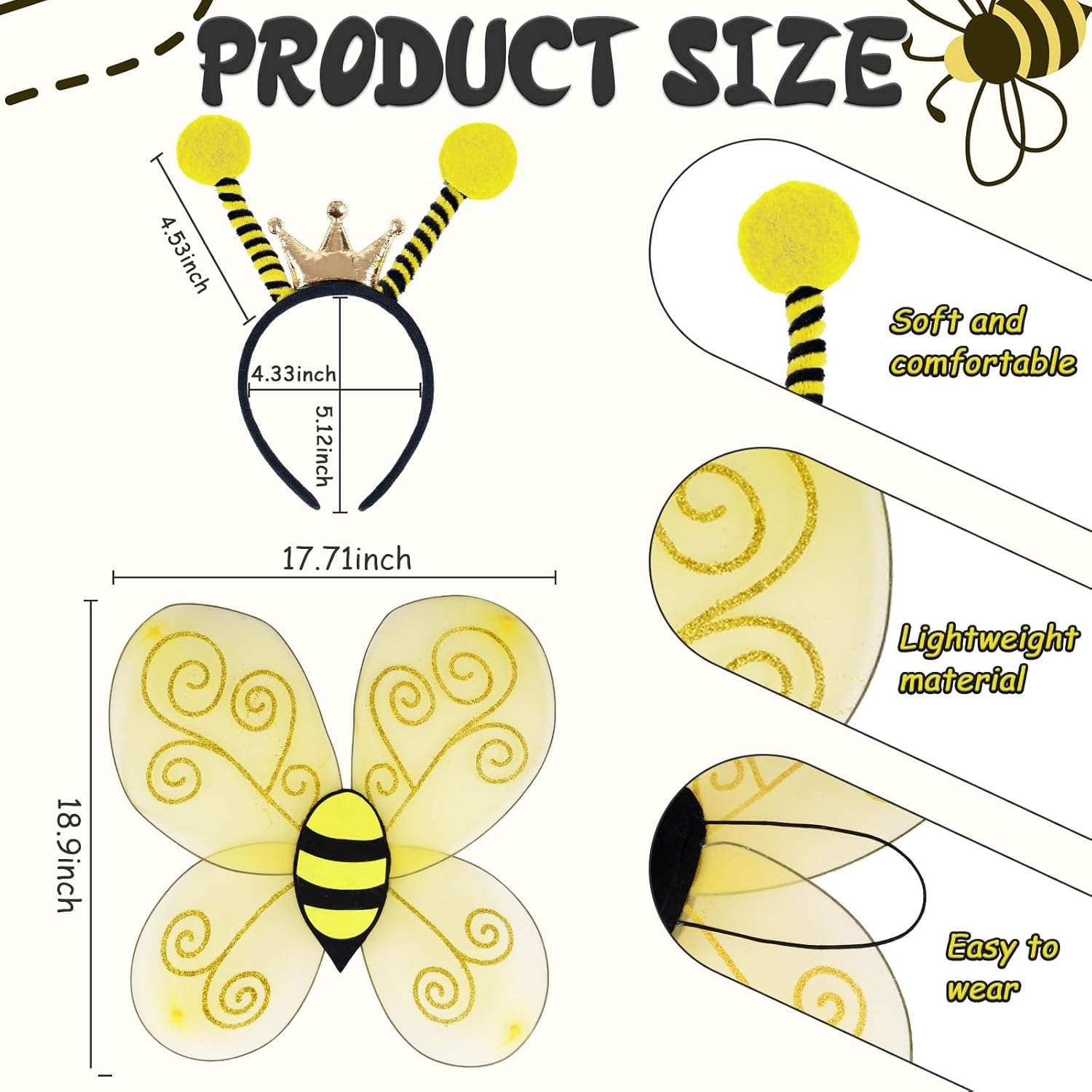 Bee Dog Headband and Wings Costume Set, Bee Wings Headband Accessories for Large Dog Halloween Christmas Birthday Festival Party Cosplay - 5