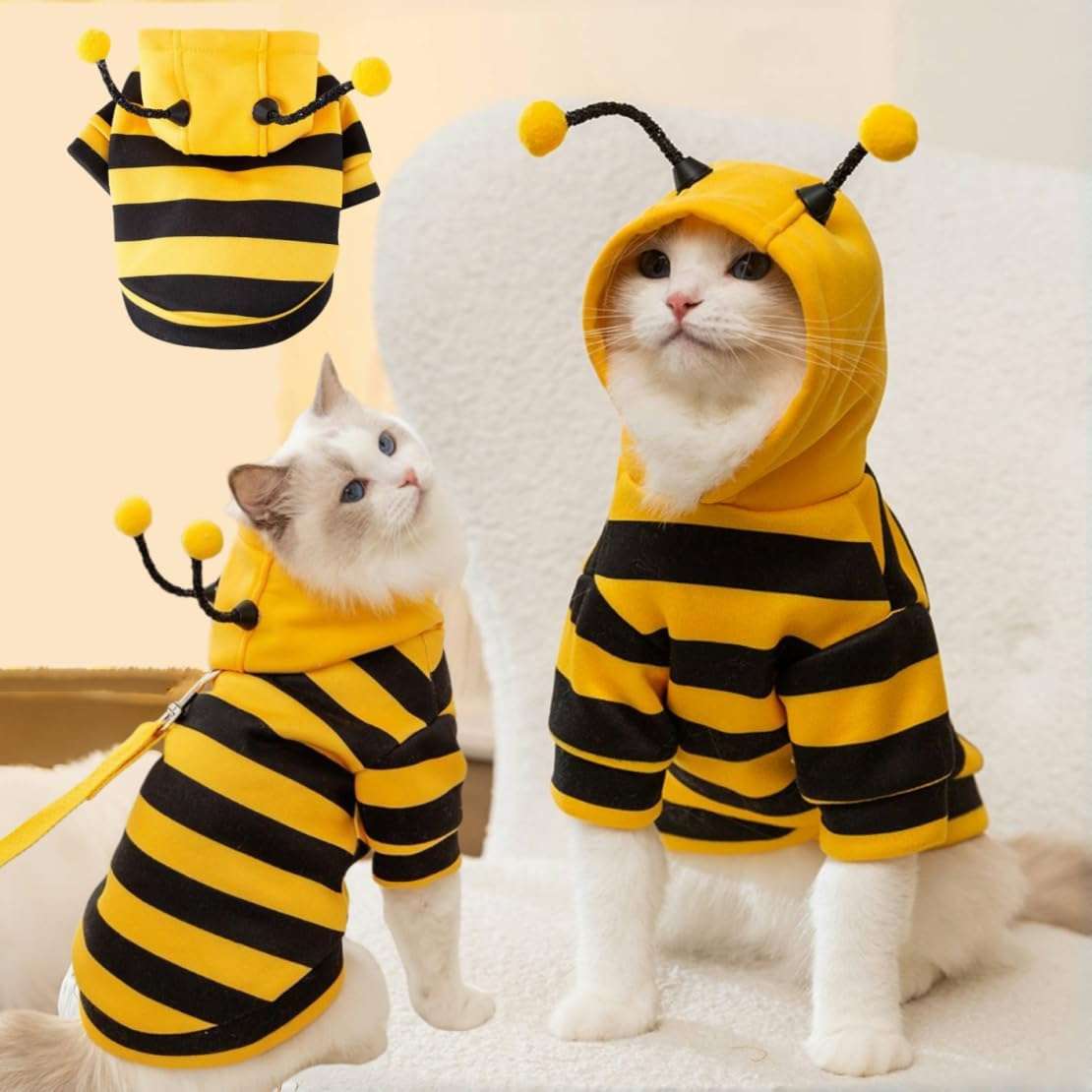Selena Cat Bee Antennae Costume Hoodies Cute Bee Stripes Dog Kitten Puppy Pet Apparel - 1