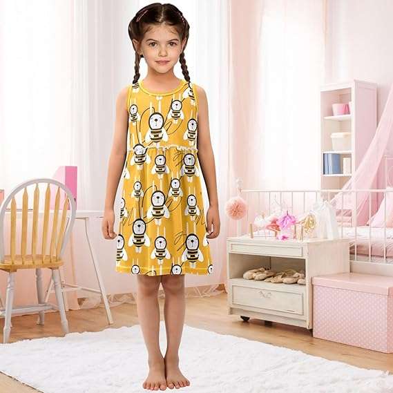 Girl Sleeveless Dress Summer Tank Play Dress Outfit Happy Bee Rabbit Costume Orange 2T-8T - 3