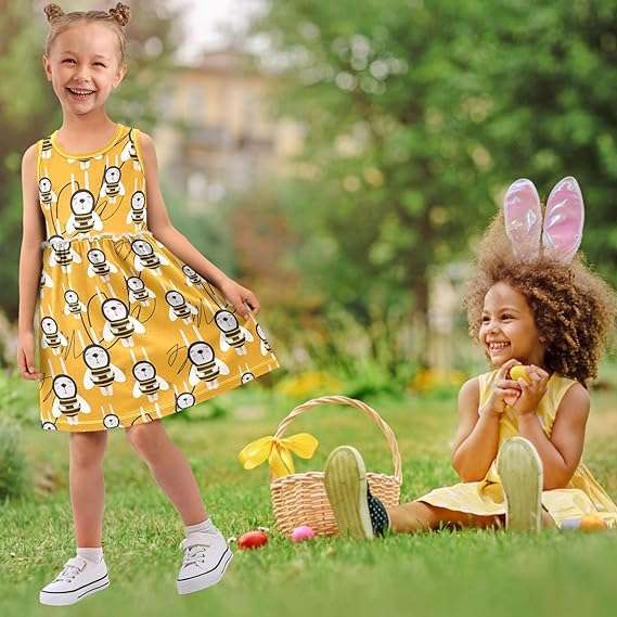 Girl Sleeveless Dress Summer Tank Play Dress Outfit Happy Bee Rabbit Costume Orange 2T-8T - 4