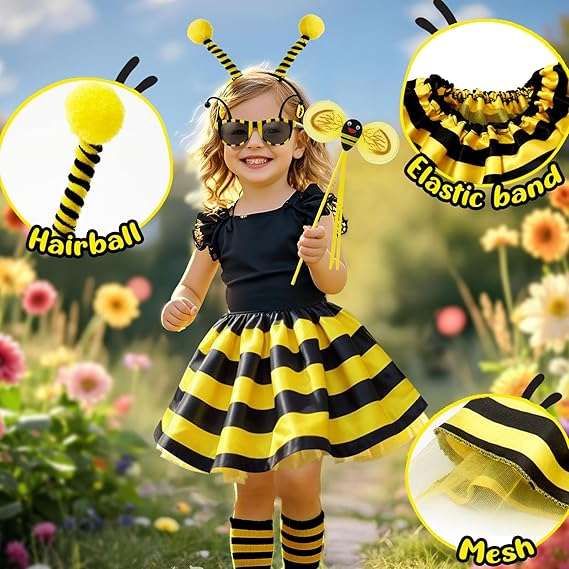 Latocos 5pcs Girls Bee Costume Kids Toddler Bumblebee Wings Tutu with Glasses Crown Headband Halloween Dress Up Gift - 4