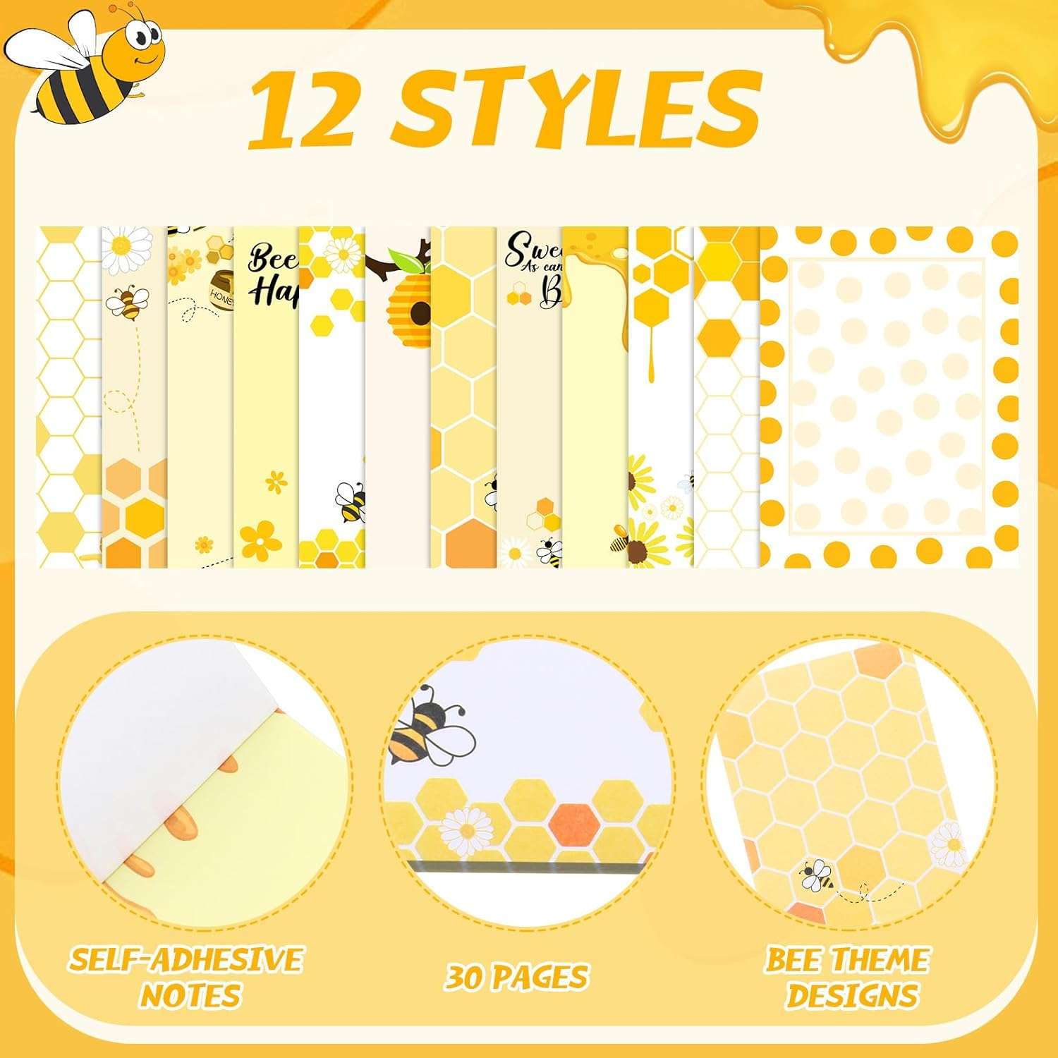 12 Pieces Bee Sticky Notes Bee Notepads Gifts 3x4 Inch Adhesive Honey Memo Notes for Women to Do List for Memo Reminder List for Office Home Supplies Teachers Gift - 2