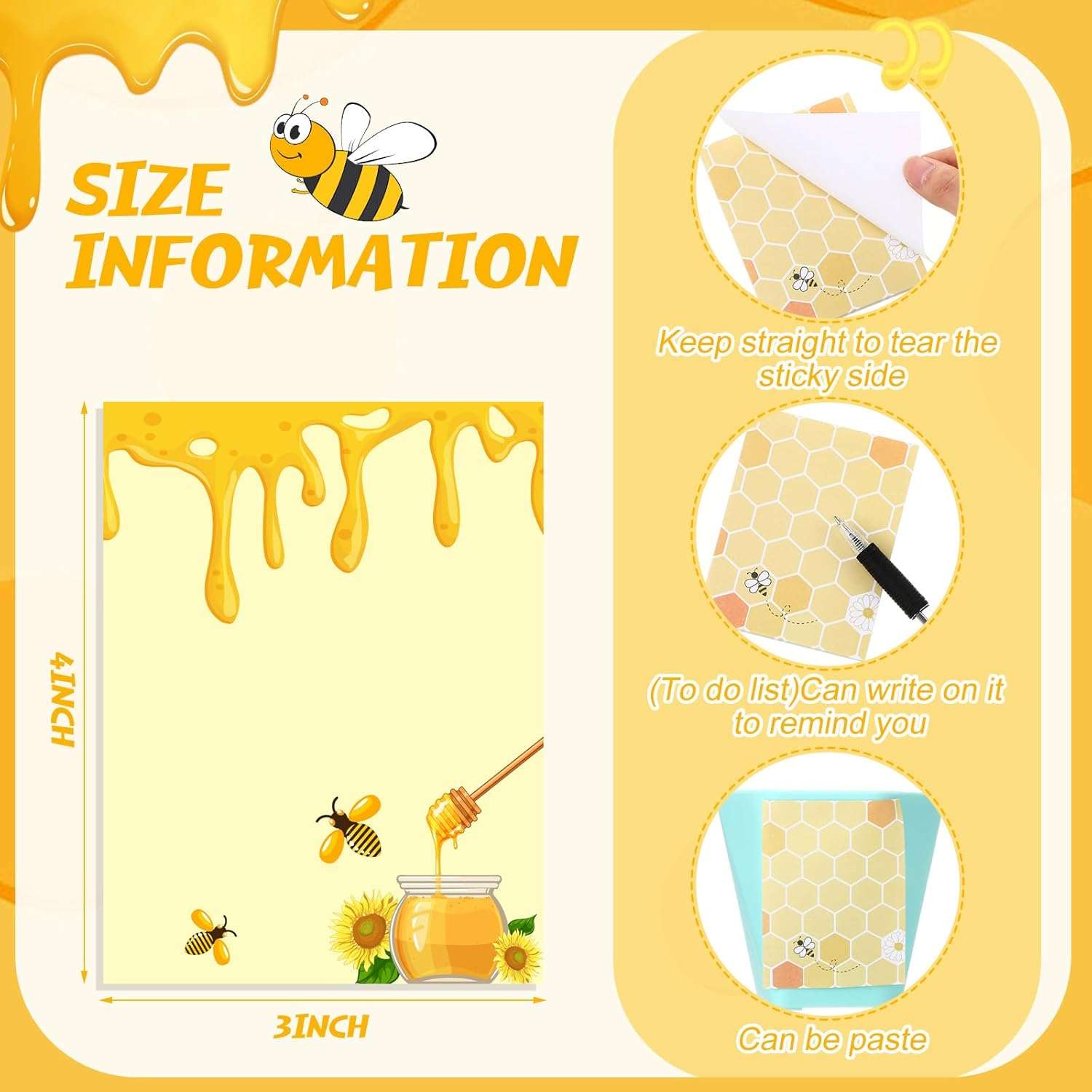 12 Pieces Bee Sticky Notes Bee Notepads Gifts 3x4 Inch Adhesive Honey Memo Notes for Women to Do List for Memo Reminder List for Office Home Supplies Teachers Gift - 3