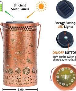 Bee Solar Lanterns Outdoor Waterproof Hanging Solar Lights Bee Gifts for Women Men Metal Honeybee Decorative LED Lanterns for Yard, Patio, Lawn, Tabletop, Pathway, Landscape, Garden Decor - 5