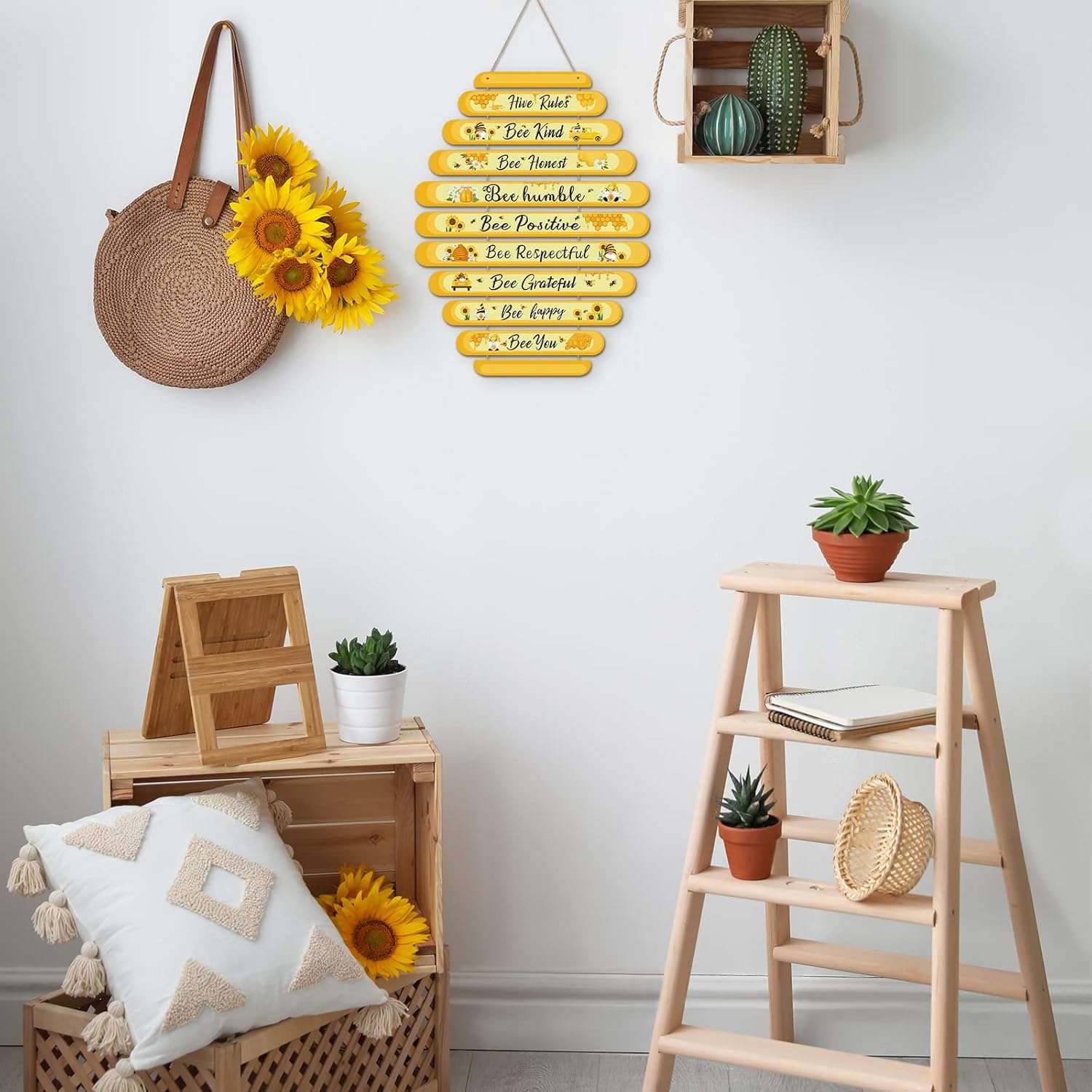 Jetec Bee Decor Plaque Gift Bee Sign Hive Rules Wall Decor Christmas Daisy Ornament for Xmas Home Spring Daisy Sunflower Decorations for Living Room Kitchen - 5