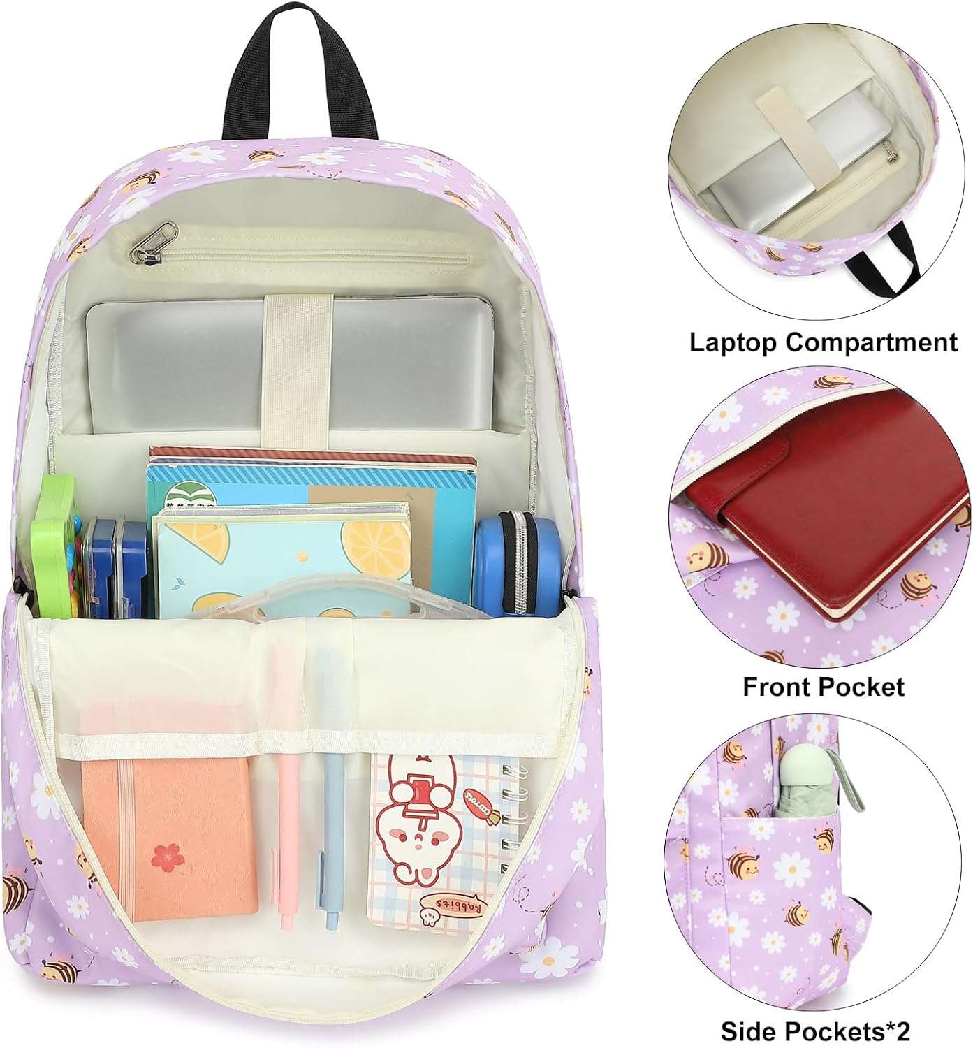 Bee Girls Backpack for School, Kids Elementary School Bag Teens Middle Bookbag Set with Lunch Box Pencil Case - 2