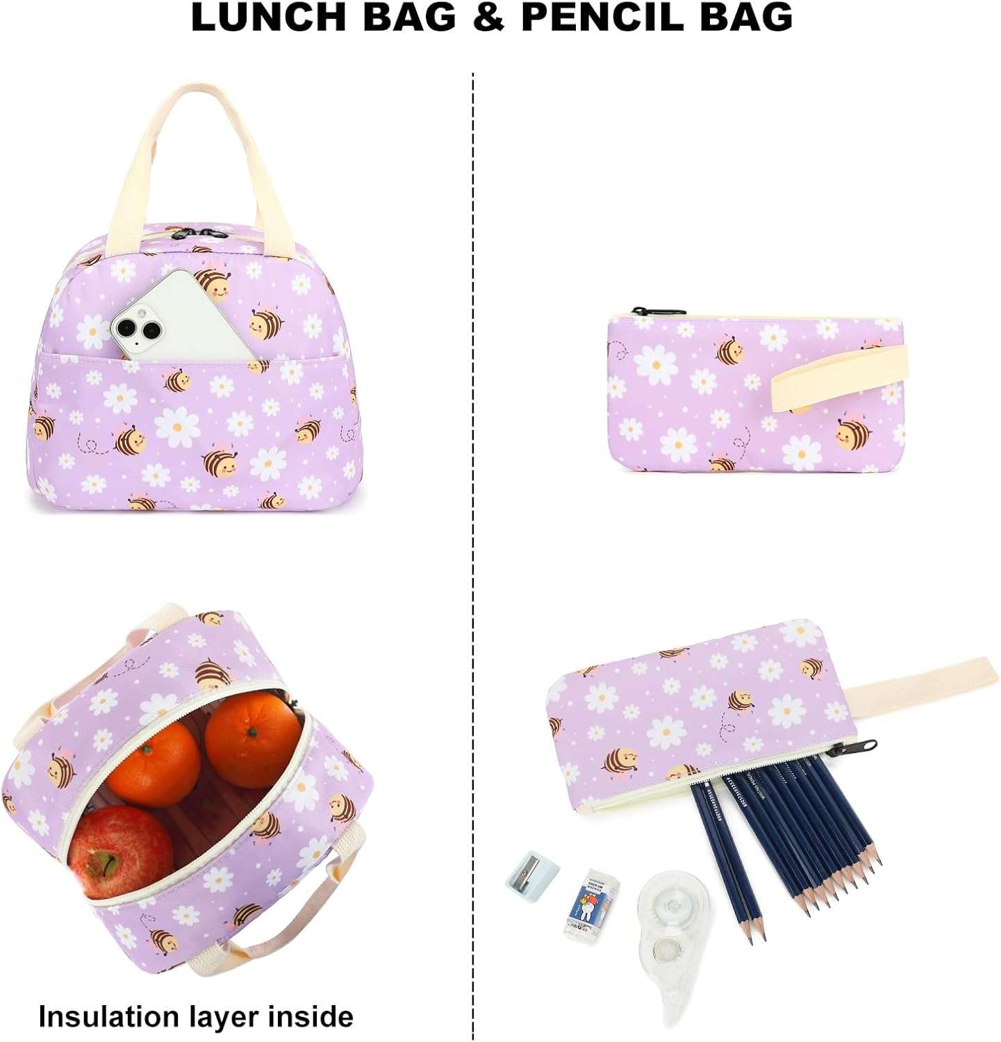 Bee Girls Backpack for School, Kids Elementary School Bag Teens Middle Bookbag Set with Lunch Box Pencil Case - 3