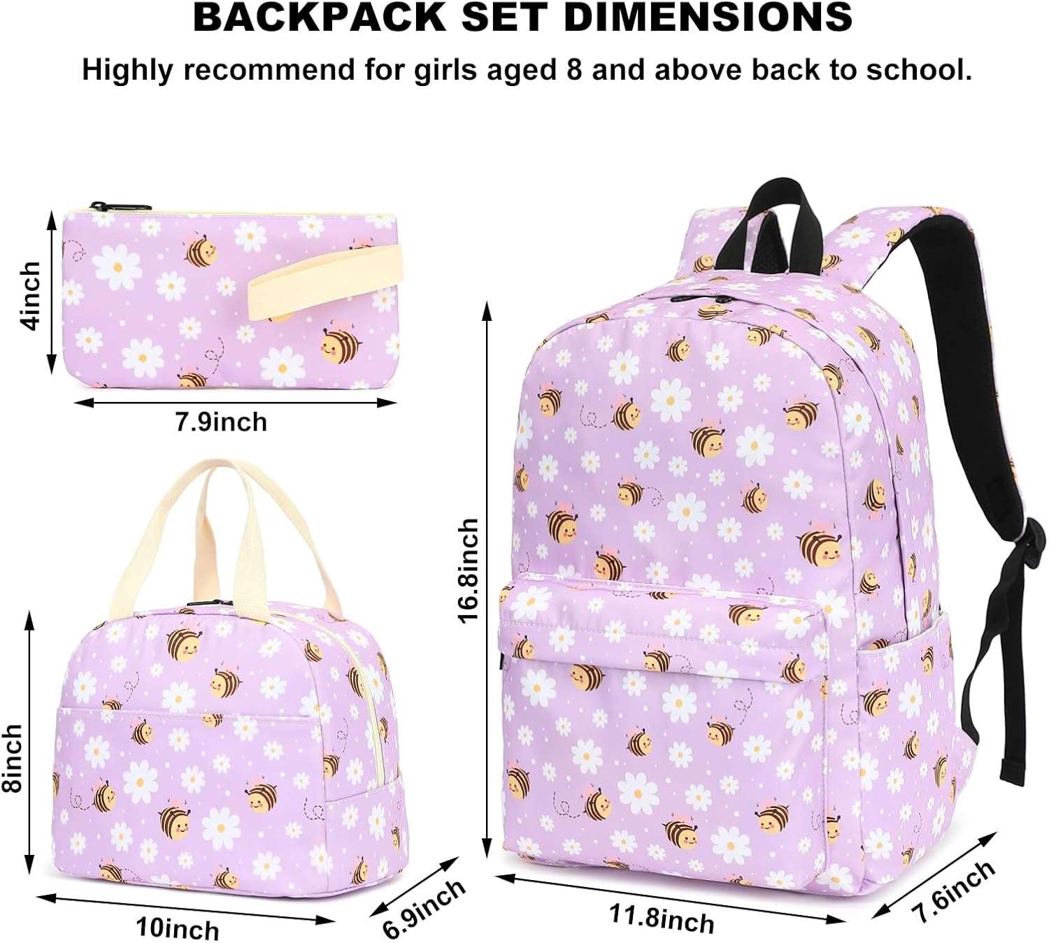 Bee Girls Backpack for School, Kids Elementary School Bag Teens Middle Bookbag Set with Lunch Box Pencil Case - 4