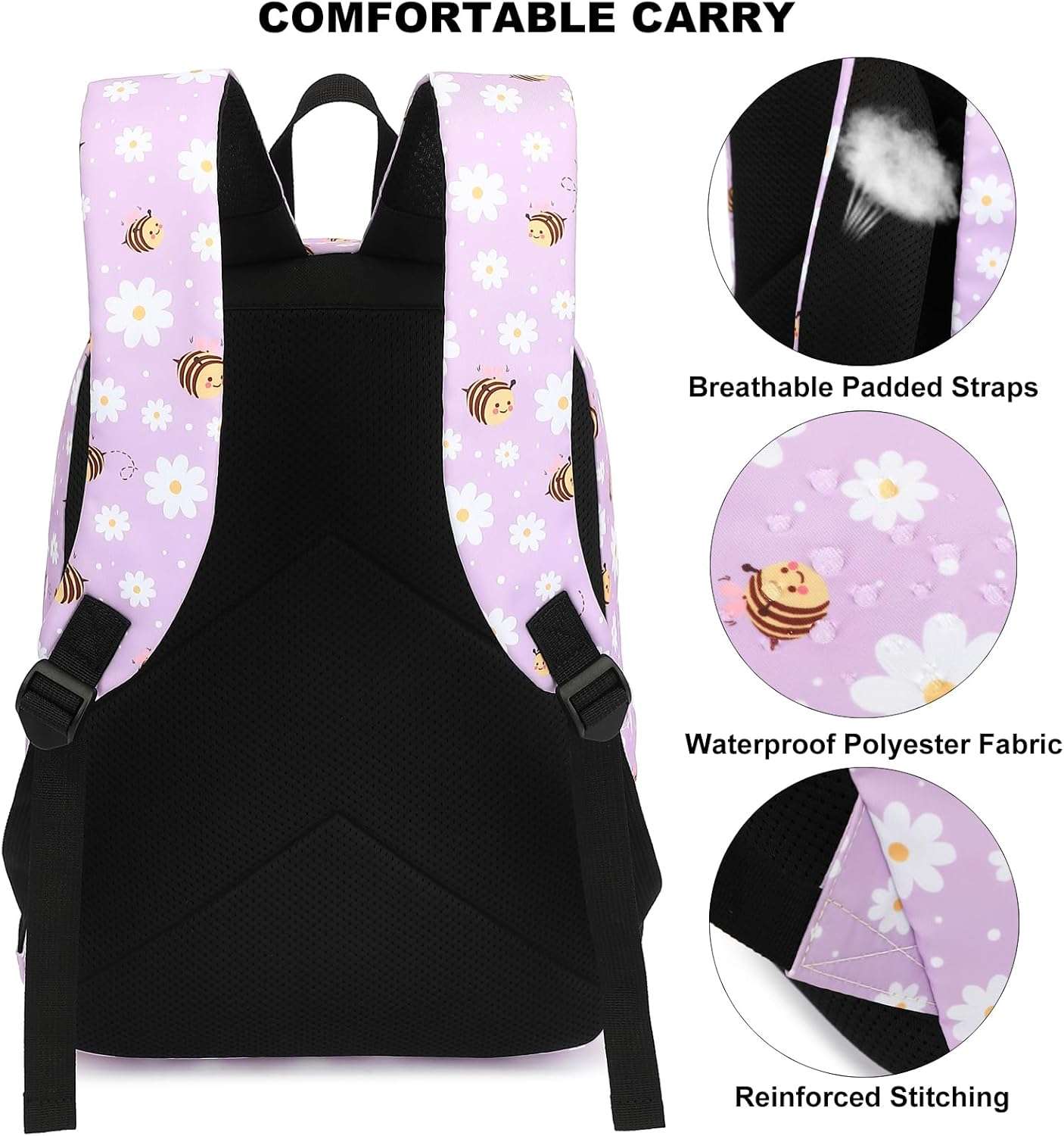 Bee Girls Backpack for School, Kids Elementary School Bag Teens Middle Bookbag Set with Lunch Box Pencil Case - 5