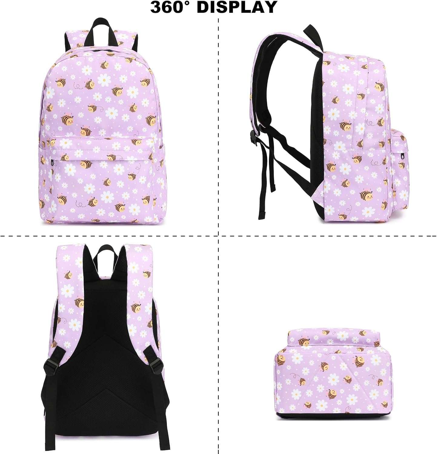 Bee Girls Backpack for School, Kids Elementary School Bag Teens Middle Bookbag Set with Lunch Box Pencil Case - 6